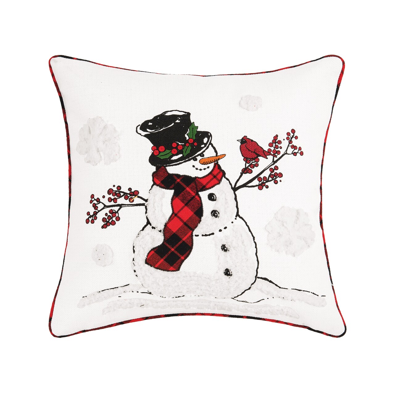 Christmas Snowman & Red Cardinal Bird Embroidered Accent Throw Pillow 18" x 18"